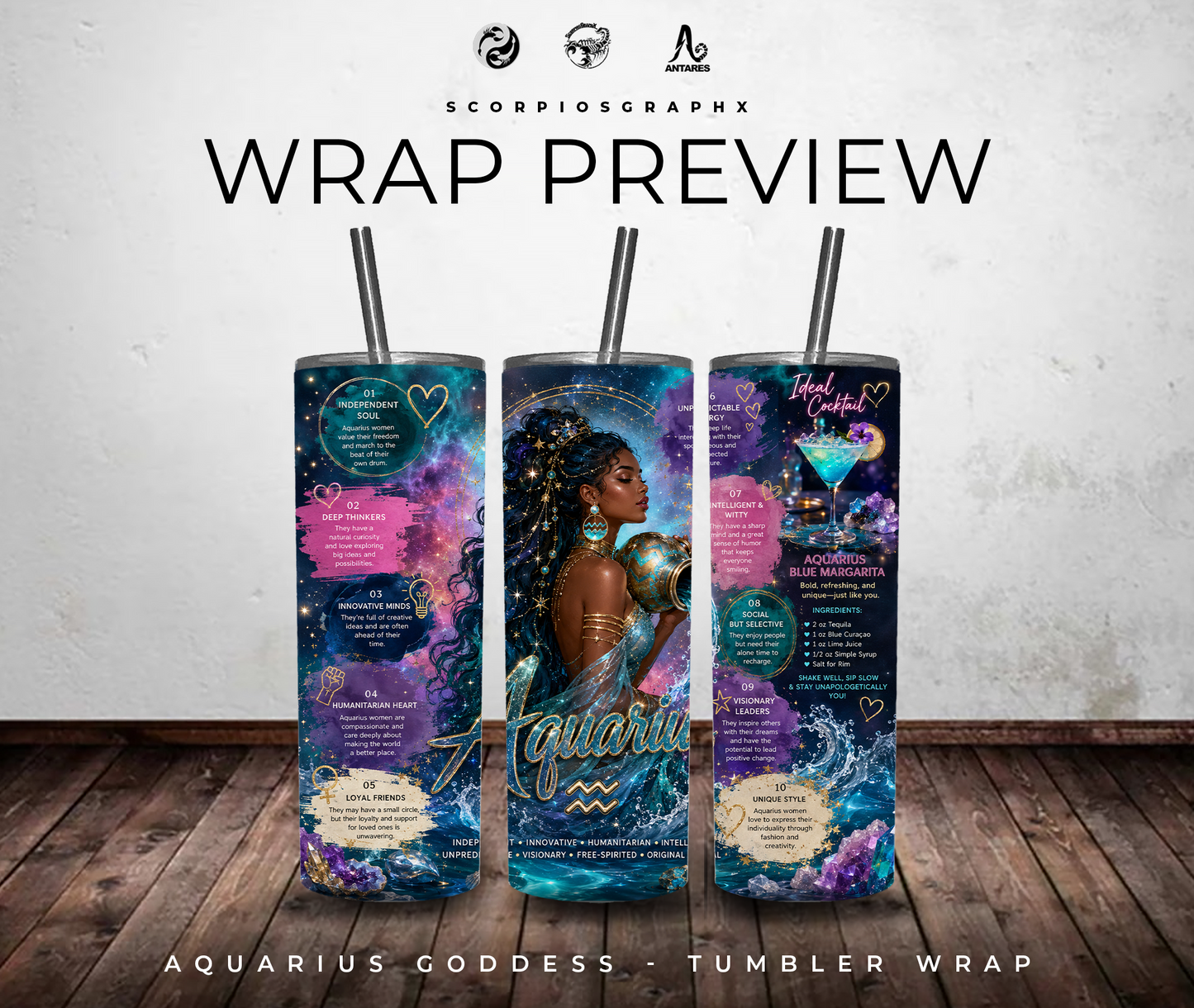 Aquarius Goddess Tumbler Wrap Design PNG