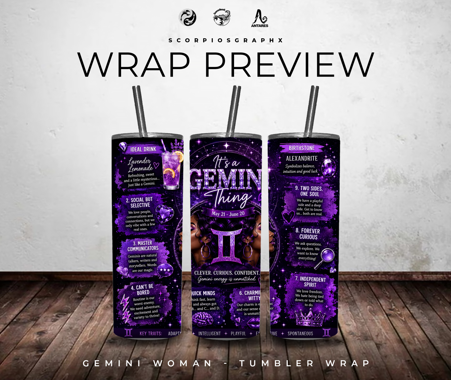 Purple Gemini 20oz Tumbler Wrap PNG